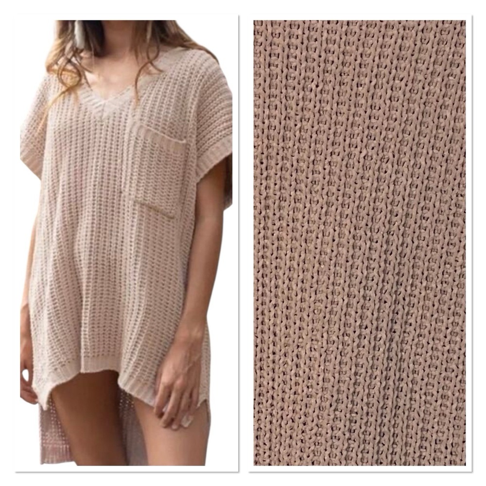 POL Beige Chenille Knit V Neck Hi Lo Oversized Sweater‎ Top Slouchy Cozy Chic L
